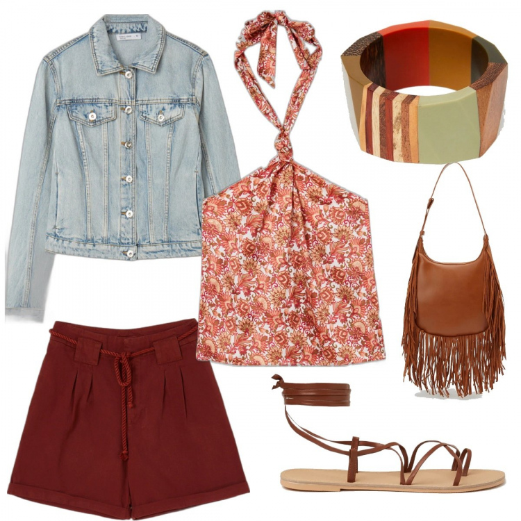 Outfit donna - Sabato di maggio. Stile Vintage retrò per Tutti i giorni. Abbinamento con sandali alla schiava, top, borse a spalla, giacche, braccialetti, bermuda.