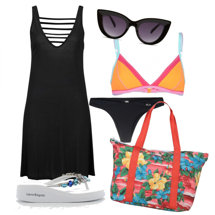 Outfit donna - Il bikini spaiato. Stile Basic per Mare. Abbinamento con vestiti da spiaggia, borse a spalla, costumi, occhiali da sole, bikini, infradito.
