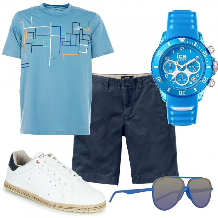 Outfit uomo - #lowcost. Stile Casual per Tutti i giorni. Abbinamento con bermuda, t-shirt, espadrillas, orologi, occhiali da sole.