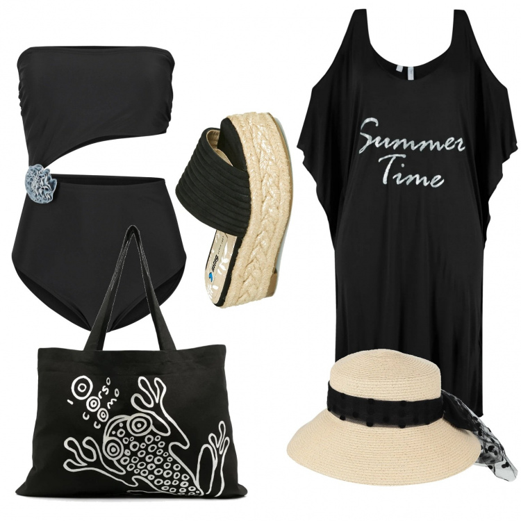 Outfit donna - Hot beach. Stile Basic per Mare. Abbinamento con vestiti da spiaggia, costumi interi, cappelli, ciabatte, borse tote.