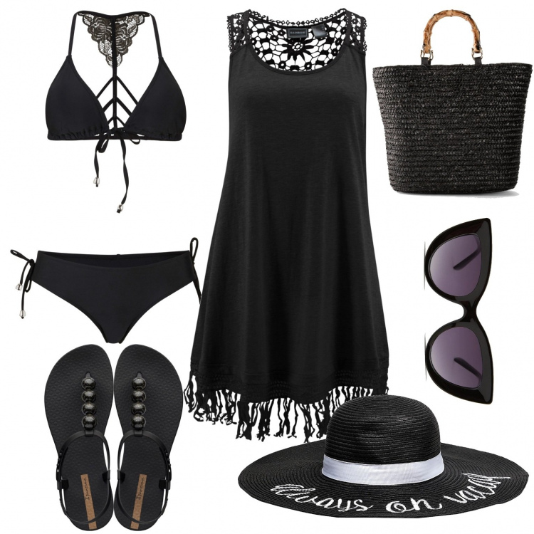 Outfit donna - Elegant black. Stile Glamour per Mare. Abbinamento con vestiti da spiaggia, bikini, maglieria, cappelli, occhiali da sole, infradito.