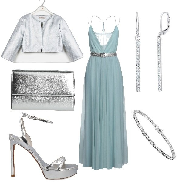 Outfit donna - Matrimonio in estate. Stile Sexy per Cerimonia. Abbinamento con vestiti lunghi, borse a mano, braccialetti, blazer, sandali col tacco, orecchini.