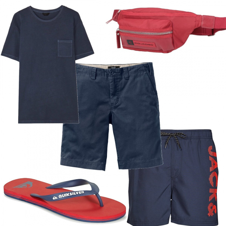 Outfit uomo - Trendy in blu e rosso. Stile Trendy per Mare. Abbinamento con bermuda, borse sportive, costumi, sandali, t-shirt.