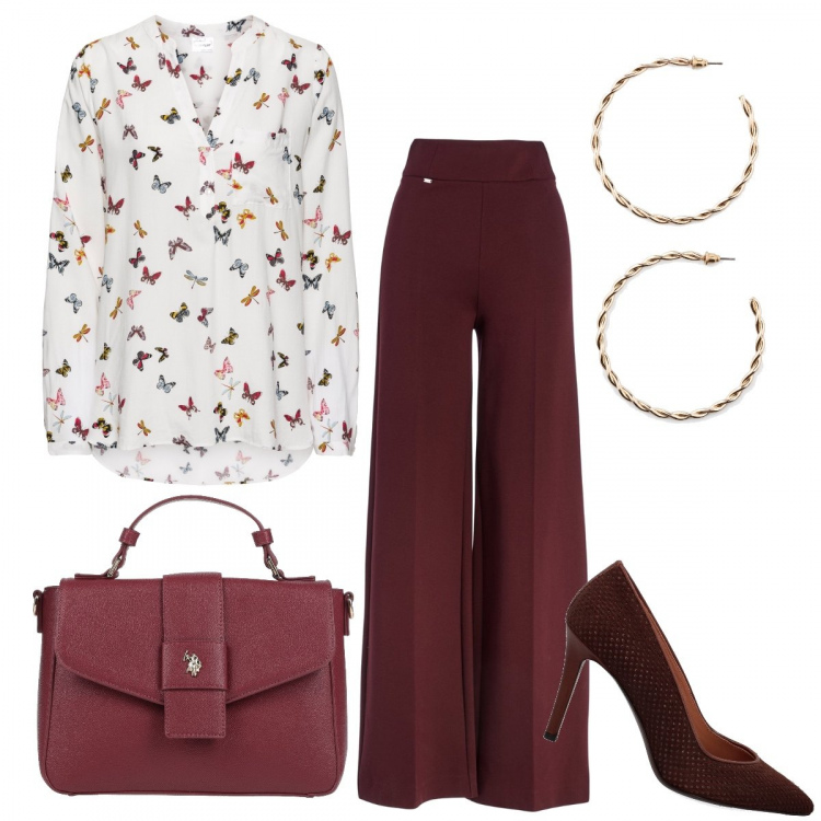 Outfit donna - Bon top con le farfalle. Stile Bon Ton per Ufficio. Abbinamento con bluse, orecchini, borse a mano, pantaloni, décolleté.