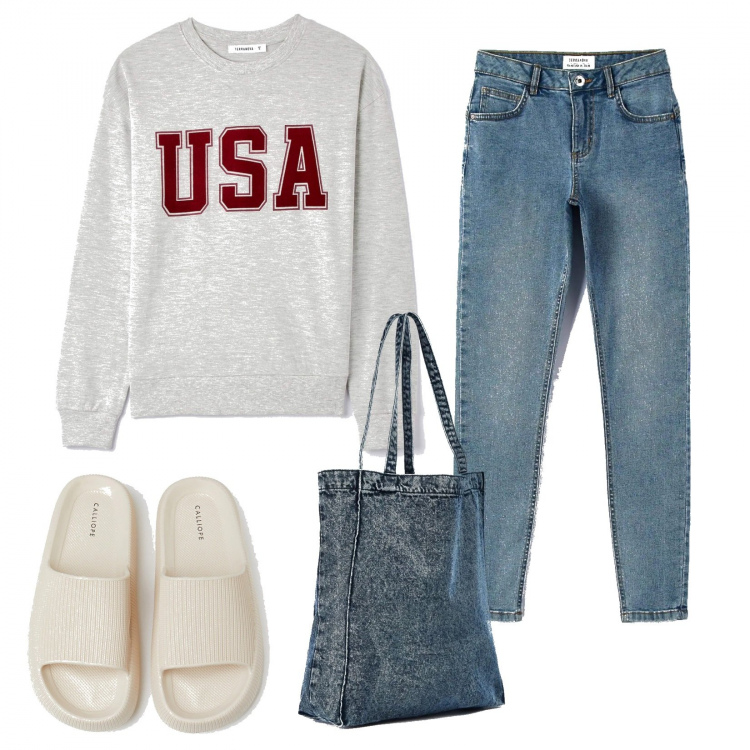 Outfit donna - Serata relax. Stile Basic per Tutti i giorni. Abbinamento con t-shirt, shopping bag, jeans, ciabatte.