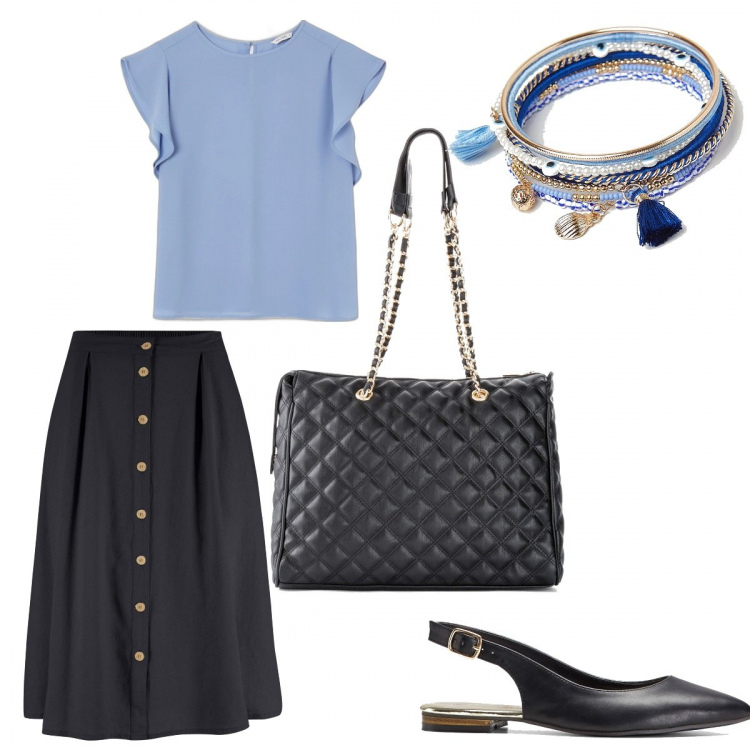 Outfit donna - Total look #1338337. Stile Casual chic per Ufficio. Abbinamento con gonne longuette, shopping bag, ballerine, bluse, braccialetti.