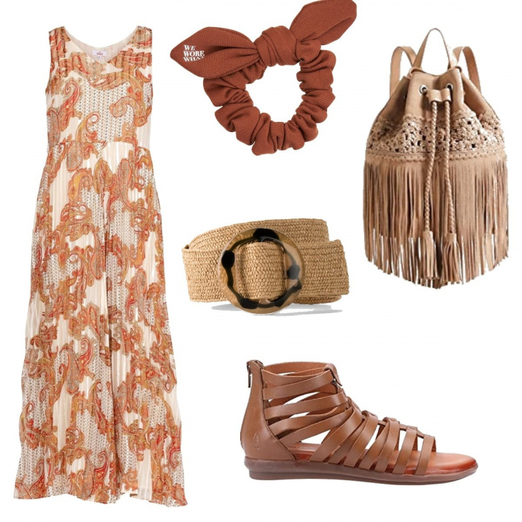 Outfit donna - Etnico con i colori della terra. Stile Etnico per Tutti i giorni. Abbinamento con cinture, vestiti lunghi, sandali alla schiava, zaini, accessori per capelli.