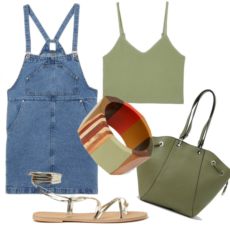 Outfit donna - Total look #1338381. Stile Basic per Tutti i giorni. Abbinamento con borse a secchiello, salopette, sandali alla schiava, braccialetti, top.