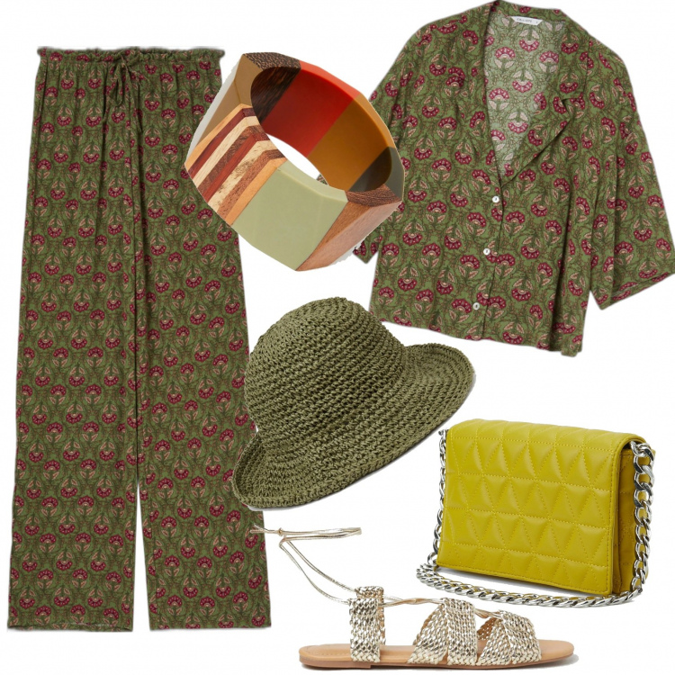 Outfit donna - Pigiama style. Stile Trendy per Tutti i giorni. Abbinamento con pantaloni, camicie a manica corta, sandali alla schiava, borse a spalla, cappelli con visiera, braccialetti.