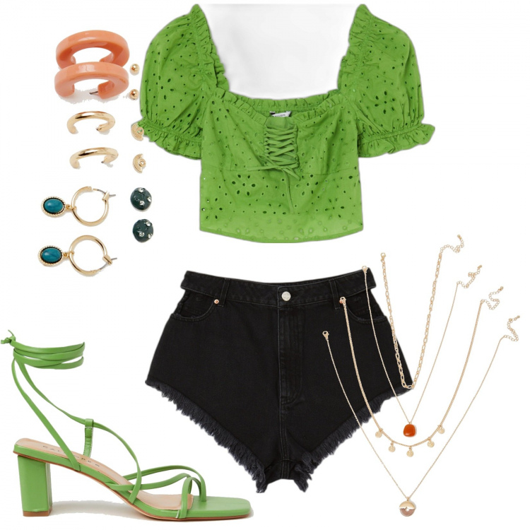 Outfit donna - Calliope. Stile Casual per Tutti i giorni. look ideale per Petite. Abbinamento con sandali alla schiava, camicie, ciondoli, shorts, orecchini.