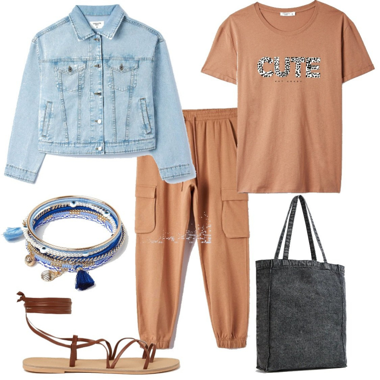 Outfit donna - Look casual in saldo per taglie comode. Stile Casual per Tutti i giorni. Abbinamento con pantaloni cargo, t-shirt, cappotti, shopping bag, braccialetti, sandali alla schiava.