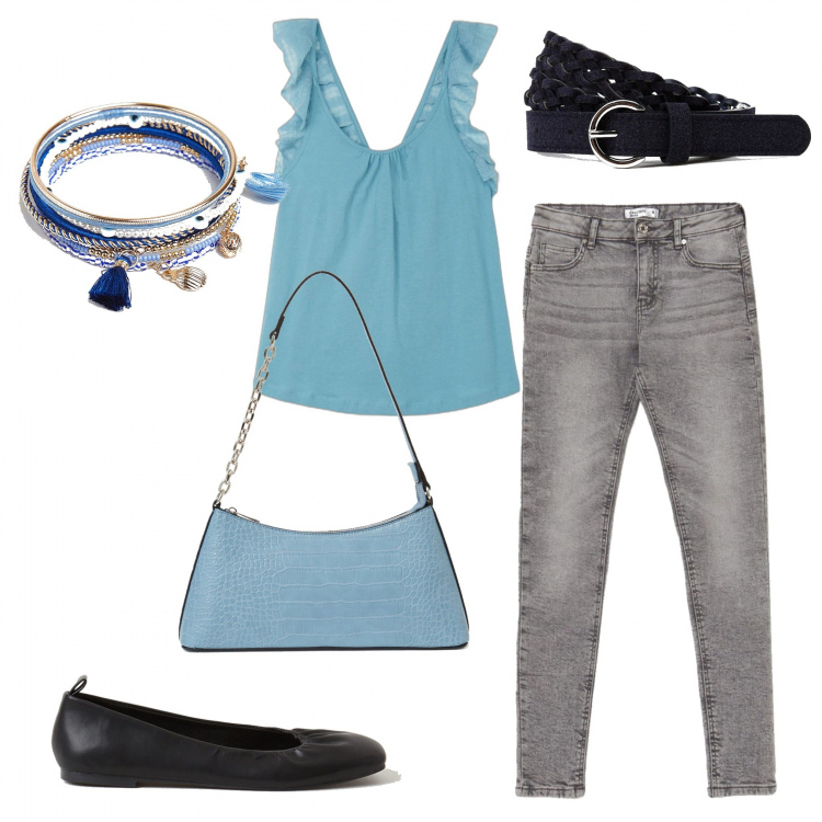 Outfit donna - Calliope. Stile Urban per Tutti i giorni. Abbinamento con top, braccialetti, jeans, ballerine, cinture, borse a spalla.
