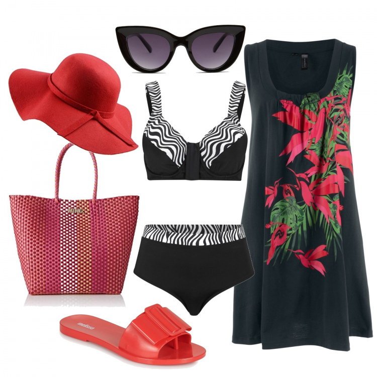 Outfit donna - Un tocco di rosso. per Mare. Abbinamento con bikini, vestiti da spiaggia, ciabatte, occhiali da sole, cappelli, shopping bag.