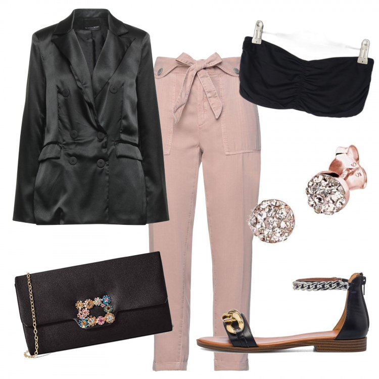 Outfit donna - Nero e rosa per la sera. Stile Chic per Serata fuori. Abbinamento con pantaloni, blazer, top, sandali in pelle, orecchini, pochette.