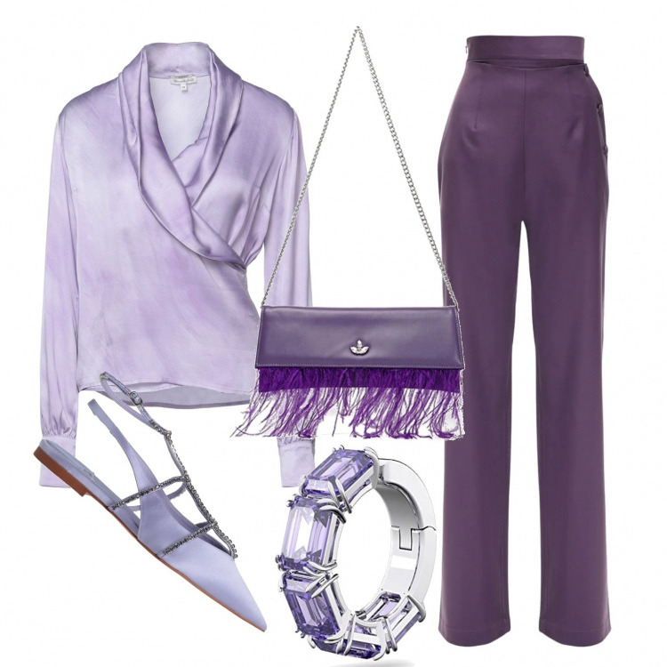 Outfit donna - Lillà. Stile Chic per Cerimonia. Abbinamento con ballerine, bluse, borse a spalla, pantaloni, orecchini.