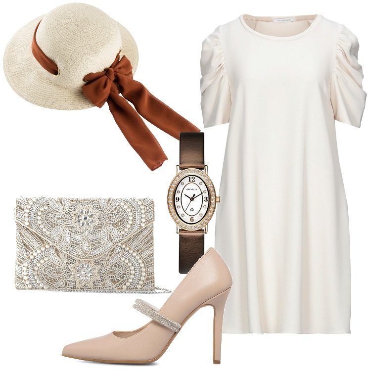 Outfit donna - Romantica alla cerimonia. Stile Romantica per Cerimonia. Abbinamento con pochette, cappelli, vestiti corti, décolleté, orologi analogici.