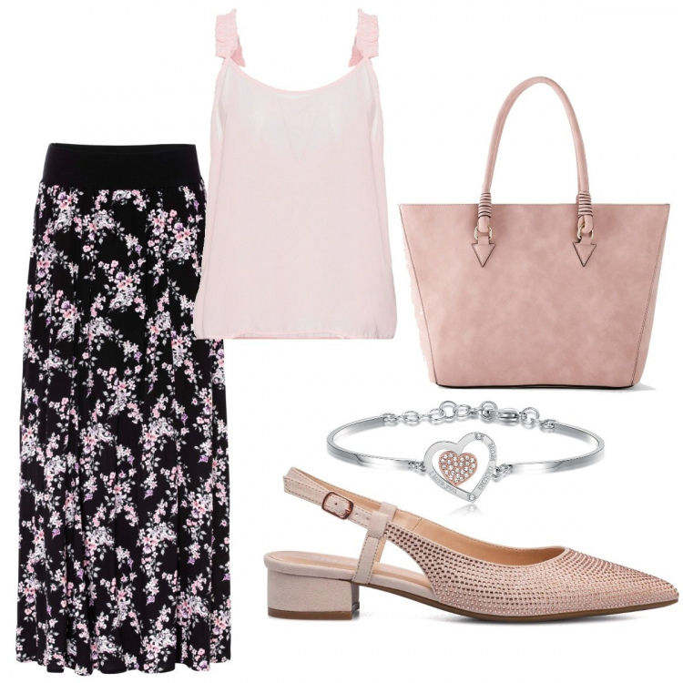Outfit donna - Estate in rosa. Stile Bon Ton per Tutti i giorni. Abbinamento con gonne lunghe, shopping bag, top, braccialetti, décolleté.