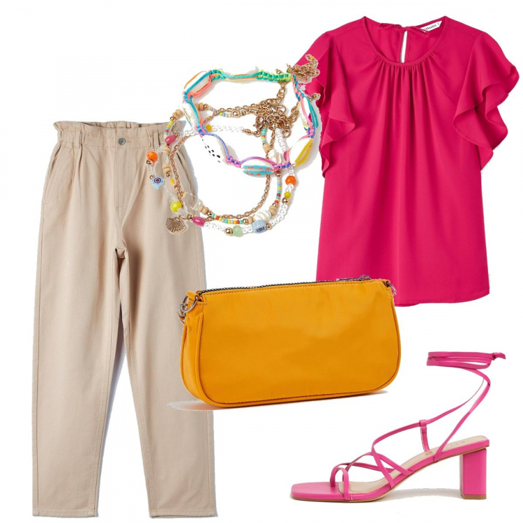 Outfit donna - In ufficio con brio. Stile Trendy per Ufficio. Abbinamento con camicie, pantaloni, borse a spalla, sandali alla schiava, braccialetti.