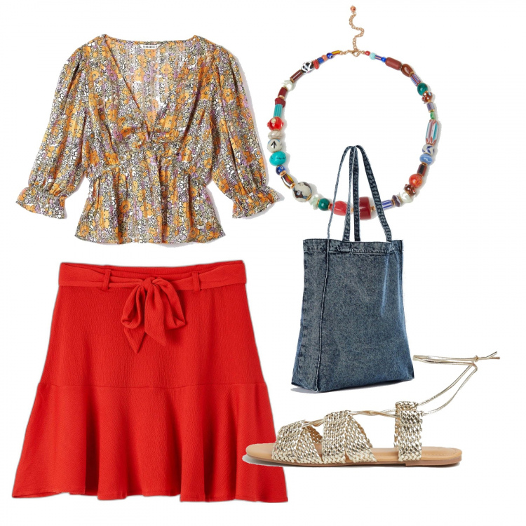 Outfit donna - Arriva il caldo. Stile Casual per Tutti i giorni. Abbinamento con camicie, minigonne, shopping bag, sandali alla schiava, collane.