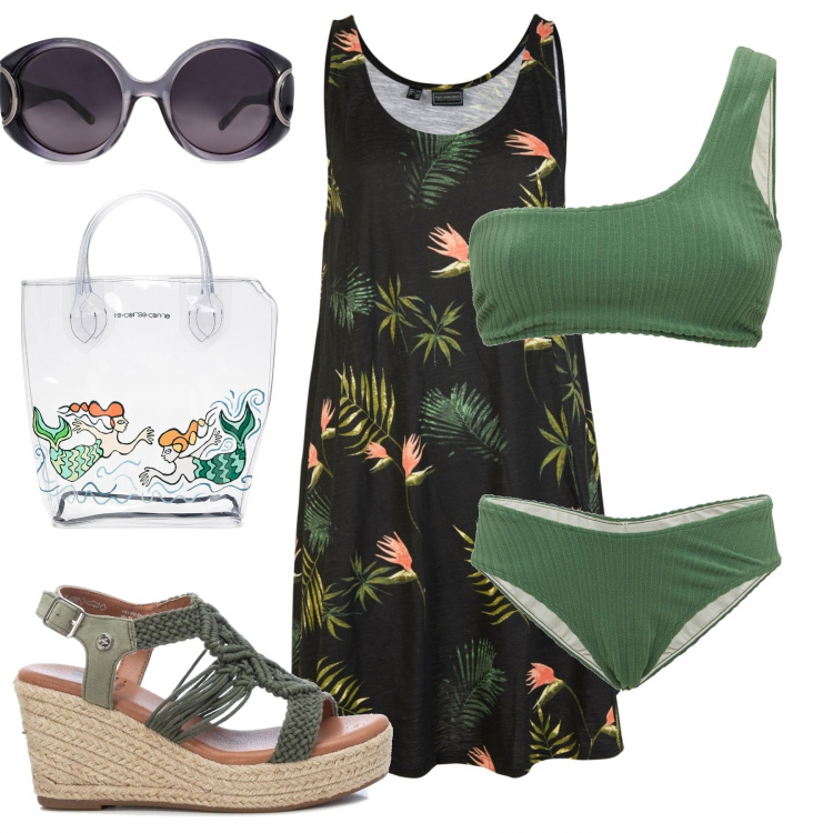 Outfit donna - Spiaggia in green. Stile Glamour per Mare. Abbinamento con vestiti da spiaggia, sandali, occhiali da sole, borse tote, bikini, bikini.