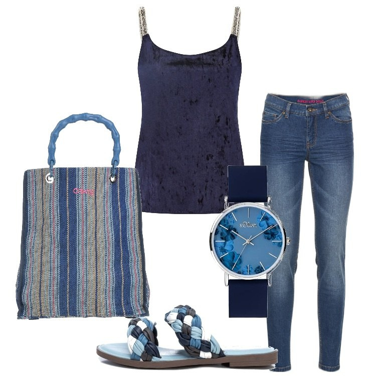 Outfit donna - Un caffè con le amiche. Stile Casual per Tutti i giorni. Abbinamento con jeans skinny, borse a mano, sandali in pelle, canottiere, orologi.