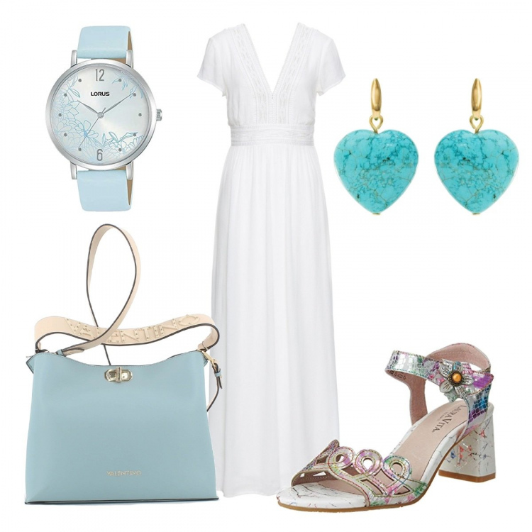 Outfit donna - Curvy in bianco raffinata. Stile Romantica per Tutti i giorni. Abbinamento con vestiti lunghi, orecchini, borse a tracolla, sandali col tacco, orologi.