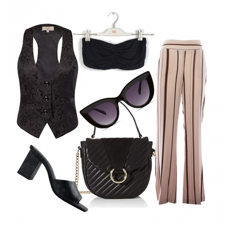 Outfit donna - Mannish ma sexy. Stile Mannish per Tutti i giorni. Abbinamento con sandali col tacco, top, pantaloni, occhiali da sole, gilet, borse a tracolla.