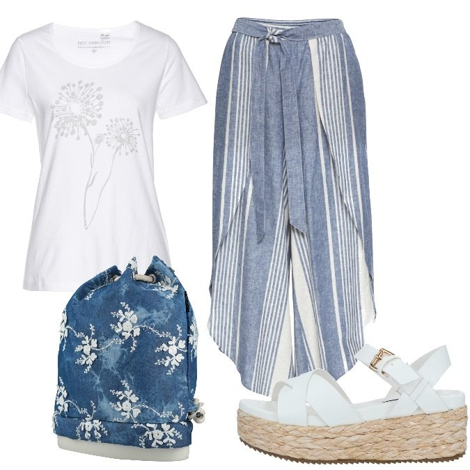 Outfit donna - Gonna pantalone. Stile Etnico per Scuola/Università. Abbinamento con t-shirt, pantaloni a palazzo, zaini, sandali in pelle.