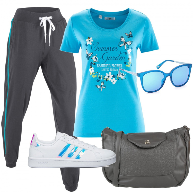 Outfit donna - Sportiva in turchese e grigio. Stile Urban per Tutti i giorni. Abbinamento con t-shirt, pantaloni, borse a tracolla, occhiali da sole, sneakers.
