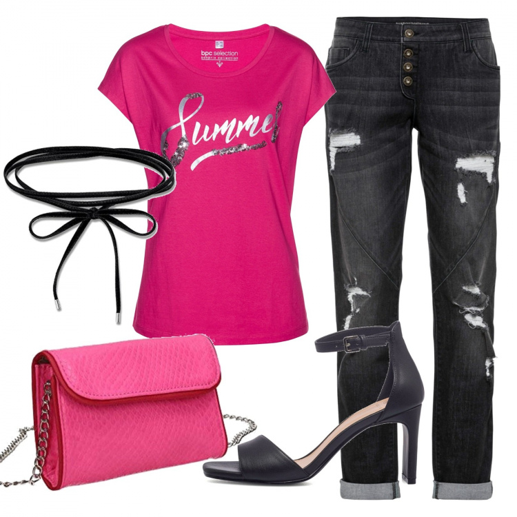 Outfit donna - Rock colorato. Stile Rock per Serata fuori. Abbinamento con maglieria, jeans boyfriend, sandali in pelle, pochette, ciondoli.