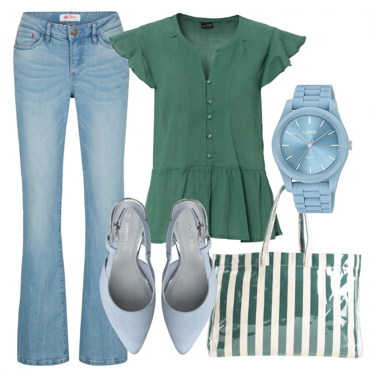Outfit donna - Plus size trendy al lavoro. Stile Trendy per Ufficio. Abbinamento con jeans bootcut, camicie, borse a mano, scarpe col tacco, orologi.