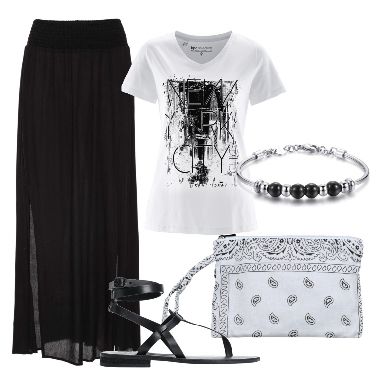 Outfit donna - Bianco e nero. Stile Basic per Tutti i giorni. Abbinamento con gonne lunghe, t-shirt, borse a mano, infradito, braccialetti.