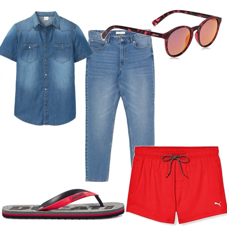Outfit uomo - Il costume rosso. Stile Trendy per Mare. Abbinamento con camicie a manica corta, jeans, sandali, occhiali da sole, costumi.