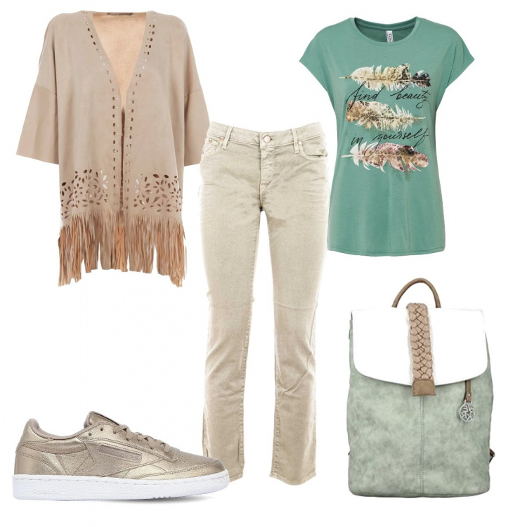 Outfit donna - Le frange un must have. Stile Etnico per Tutti i giorni. look ideale per Petite. Abbinamento con t-shirt, jeans skinny, blazer, zaini, sneakers.