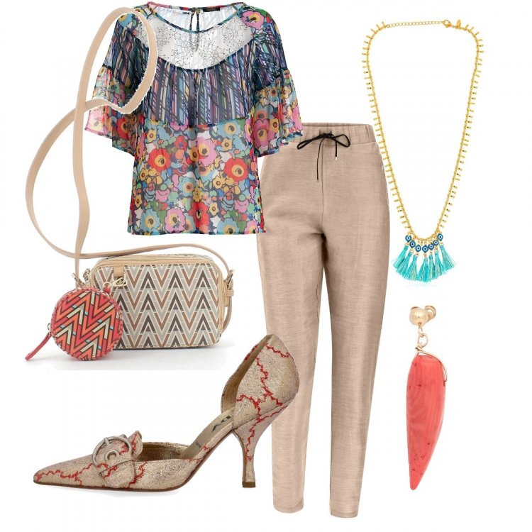 Outfit donna - Basic Boho Chic. Stile Boho per Tutti i giorni. Abbinamento con orecchini, bluse, décolleté, pantaloni, borse a tracolla, collane.