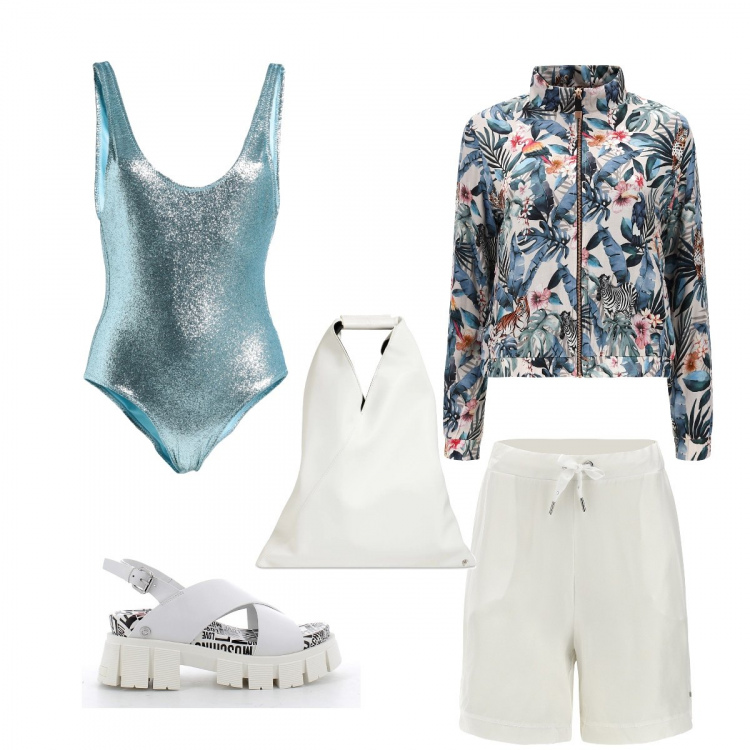 Outfit donna - Che tempo fa oggi?. Stile Urban per Mare. Abbinamento con costumi interi, giacche, shorts, sandali in pelle, shopping bag.