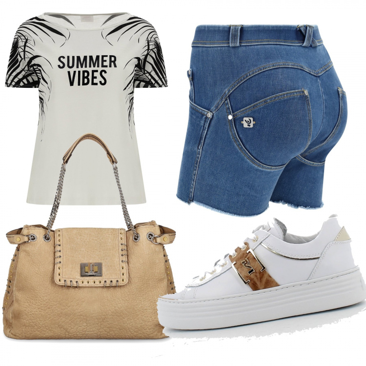 Outfit donna - Freddy basic. Stile Casual per Tutti i giorni. Abbinamento con borse a spalla, shorts, t-shirt, sneakers.