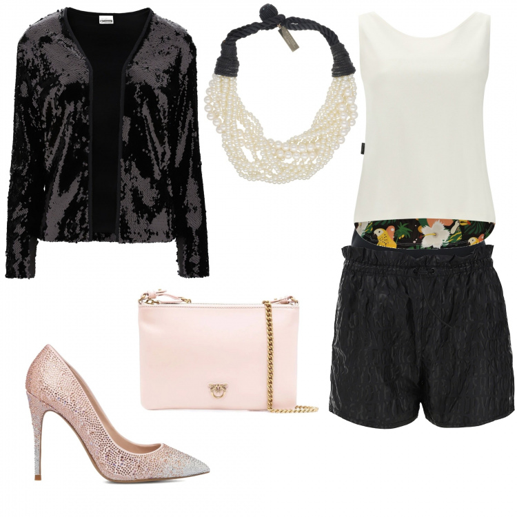 Outfit donna - Evento Freddy. Stile Trendy per Serata fuori. Abbinamento con collane, clutch, shorts, canottiere, giacche, décolleté.