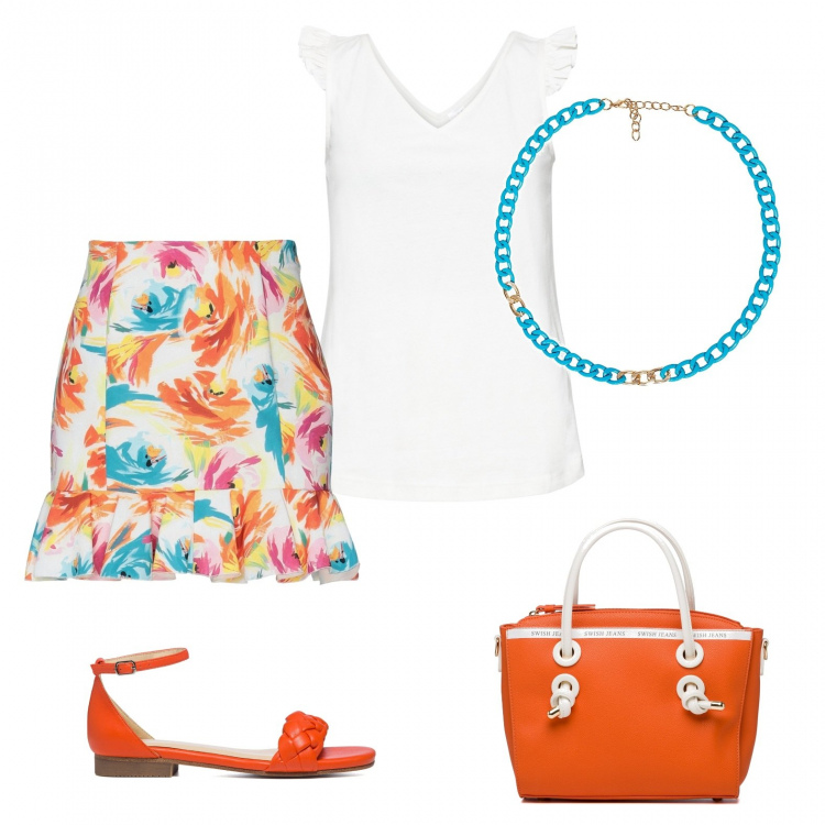 Outfit donna - Un gelato sul lungomare (vegan ok). Stile Romantica per Tutti i giorni. Abbinamento con top, minigonne, collane, sandali in pelle, borse a mano.