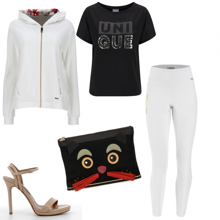 Outfit donna - Unique. Stile Sporty chic per Serata fuori. Abbinamento con borse a mano, leggings, felpe con cappuccio, t-shirt, sandali col tacco.