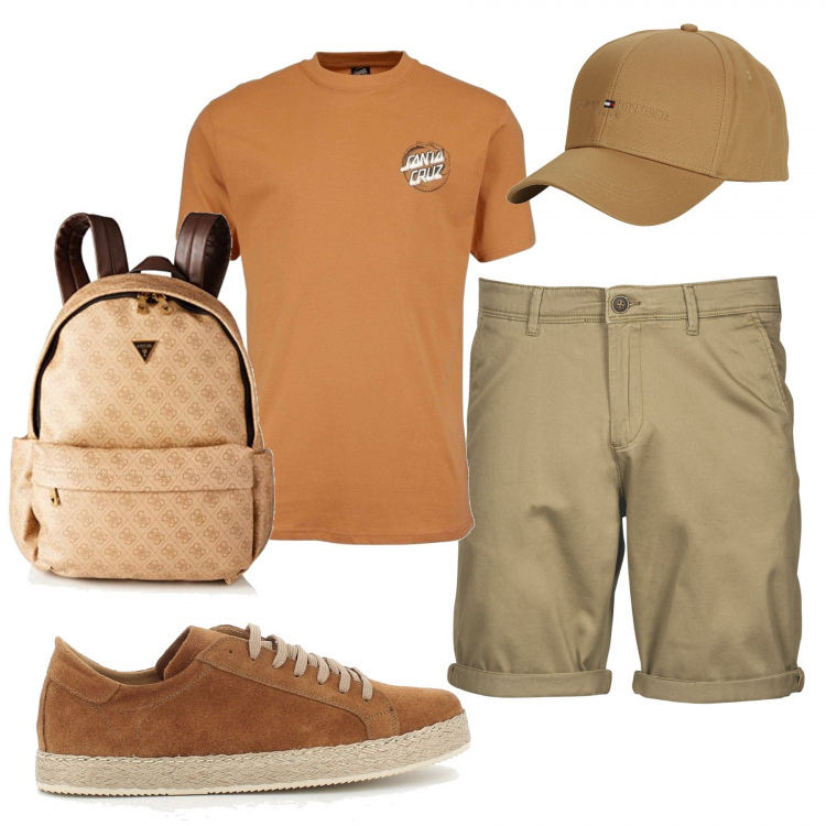 Outfit uomo - A scuola in bici. Stile Urban per Tutti i giorni. Abbinamento con t-shirt, cappelli con visiera, pantaloni corti, sneakers, borse sportive.