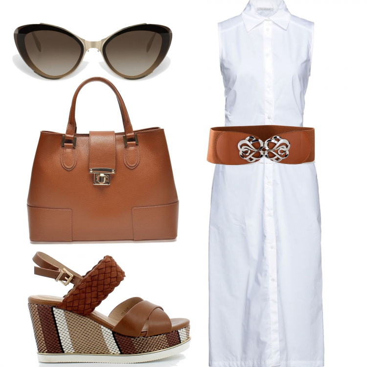 Outfit donna - Scamiciato per l\'ufficio. Stile Etnico per Ufficio. Abbinamento con cinture, vestiti midi/longuette, borse a mano, occhiali da sole, zeppe.