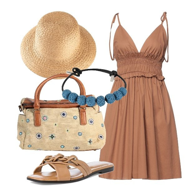 Outfit donna - Col cappellino in paglia. Stile Casual per Tutti i giorni. Abbinamento con felpe, vestiti corti, braccialetti, borse a mano, ciabatte.