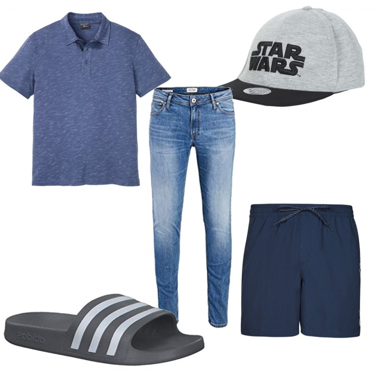 Outfit uomo - L’estate più trendy. Stile Trendy per Mare. Abbinamento con polo, cappelli con visiera, costumi, jeans, sandali.