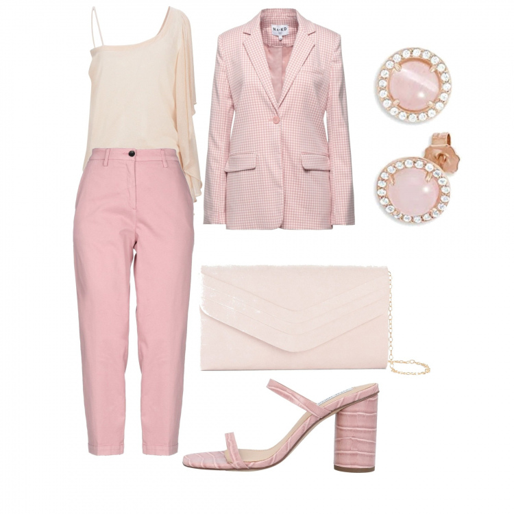 Outfit donna - Cipria e fard. Stile Chic per Cerimonia. Abbinamento con pochette, pantaloni, top, sandali col tacco, blazer, orecchini.