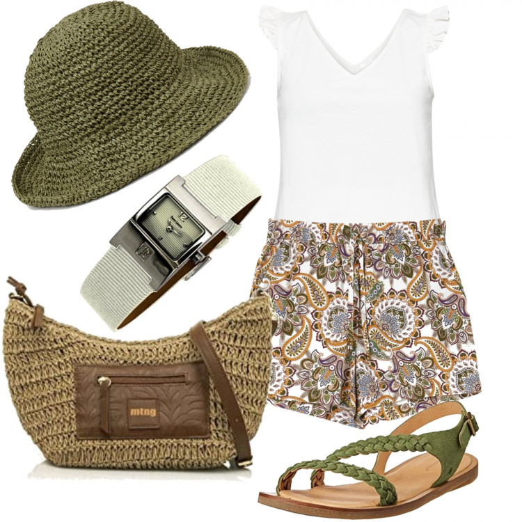 Outfit donna - Tipa da spiaggia. Stile Etnico per Mare. Abbinamento con top, shorts, cappelli con visiera, sandali, marsupi, orologi.
