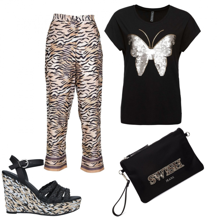 Outfit donna - Paillettes e animalier. Stile Trendy per Tutti i giorni. Abbinamento con maglieria, sandali col tacco, pantaloni, clutch.