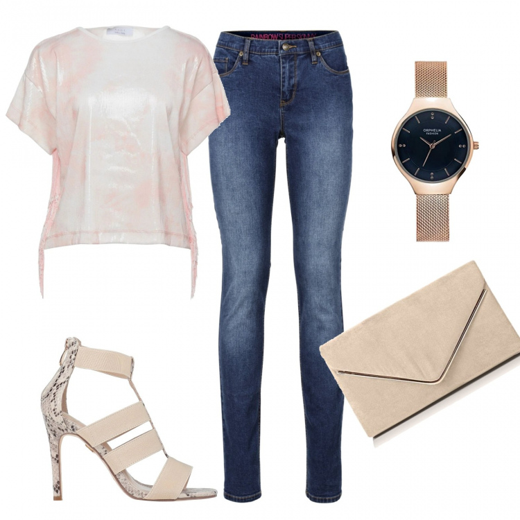 Outfit donna - Con discrezione (vegan ok). Stile Casual chic per Serata fuori. Abbinamento con jeans skinny, bluse, sandali col tacco, pochette, orologi analogici.