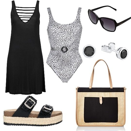Outfit donna - Al mare in nero chic. Stile Chic per Mare. Abbinamento con vestiti da spiaggia, costumi interi, sandali, shopping bag, orecchini, occhiali da sole.