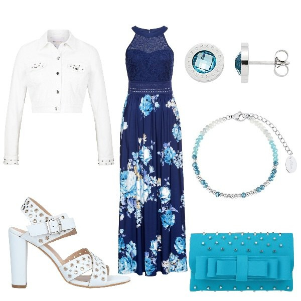 Outfit donna - A cena fuori. Stile Chic per Serata fuori. Abbinamento con vestiti lunghi, bolero, sandali col tacco, borse a mano, braccialetti, orecchini.